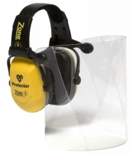 Ochranný tvárový štít PROTECTOR ZONE VMC v kombinácii s chráničmi sluchu EH4 polykarbonátový dĺžka 200 mm číry