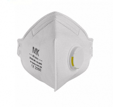 Respirátor MK AP-83001V skladaný FFP2V výdychový ventil spona na nose textilnej gumy za temeno biely