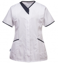 Pracovná blúzka PW Modern Style PES/BA dámska vypasovaná krátky rukáv šikmé vrecká kontrastný stojačik bielo/tmavomodrá
