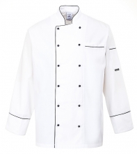 Rondon PW CAMBRIDGE Chefs 100% bavlna dvojradový s gombíkmi dlhý rukáv čierne obšívanie biely